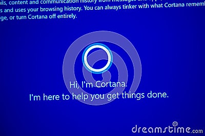 Hi, I`m Cortana -message on computer display during windows 10 Editorial Stock Photo