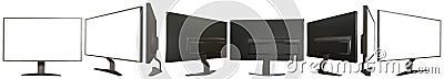 Hi-res images from different sides of black computer display with fictive design isolated on white background - realistic 3D Cartoon Illustration