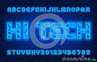 Hi Tech alphabet font. Neon color letters and numbers. Vector Illustration