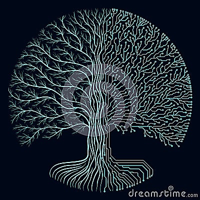 Hi-tech circuit style round yggdrasil tree. Cyberpunk futuristic design. Progress symbol Vector Illustration