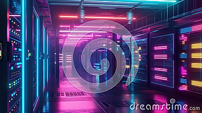 Hi-tech data storage server hallway, cloud computing neon glowing design. Generative AI Stock Photo