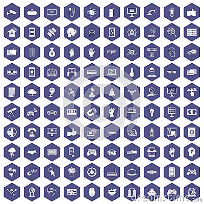 100 hi-tech icons hexagon purple Vector Illustration