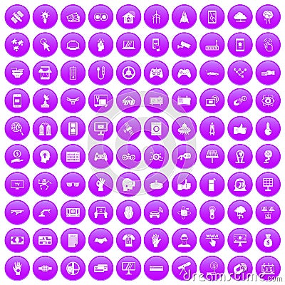 100 hi-tech icons set purple Vector Illustration