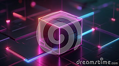 Hi-tech neon luminous cube abstract background. Generative AI Stock Photo