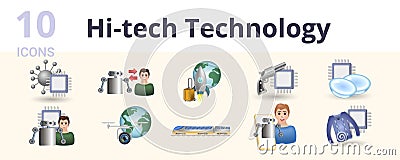 Hi-tech technology set. Creative icons: nanobot, cyborg, space tourism, hi-tech weapon, nano contact lenses, cybernetics Vector Illustration