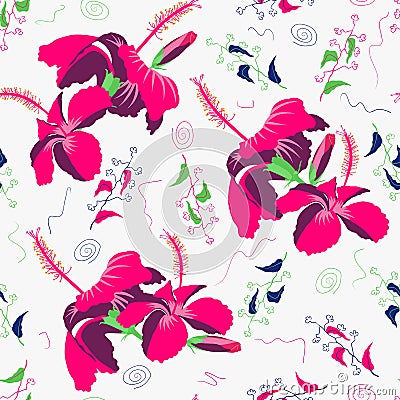 Hibisco rose mallow allover picture with exotic lobed. Best for wallcovering, upholstery. Vector Illustration