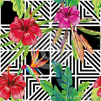 Hibiscus bird of paradise leaves geometric black white seamless Vector Illustration