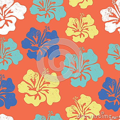 Hibiscus flower seamless vector pattern. Aloha Hawaiian Shirt Seamless Background Pattern. Blue orange teal white tropical floral Vector Illustration