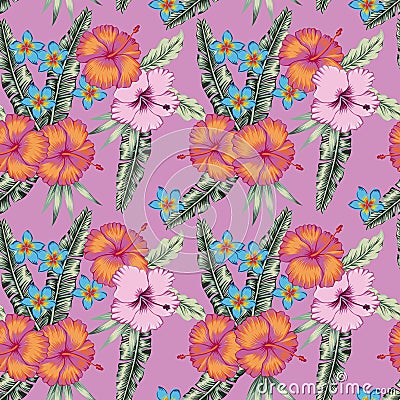 Hibiscus flowers plumeria diferent color seamless pattern Stock Photo
