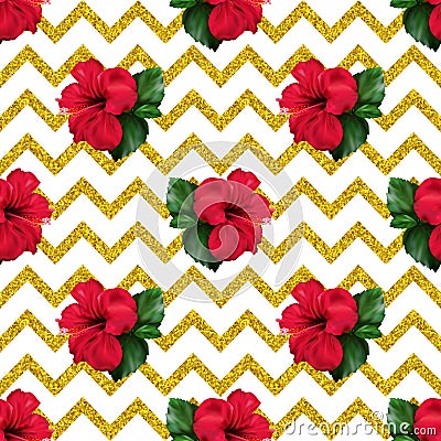 Hibiscus karkade tropical exotic flower glitter geometric zigzag seamless pattern background Stock Photo