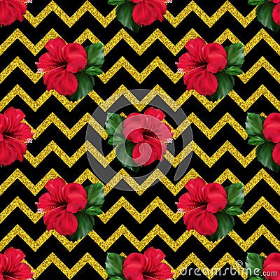 Hibiscus karkade tropical exotic flower glitter geometric zigzag seamless pattern background Stock Photo