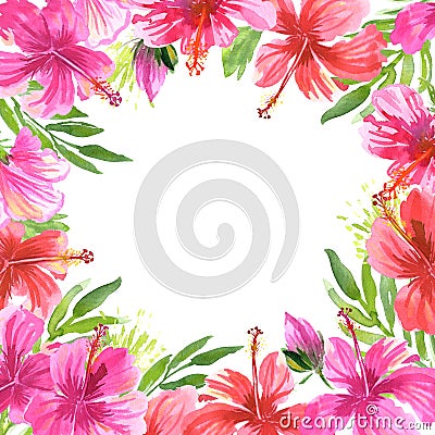 Hibiscus pink red watercolor card template. Exotic flowers invitation. Border frame banner. Stock Photo