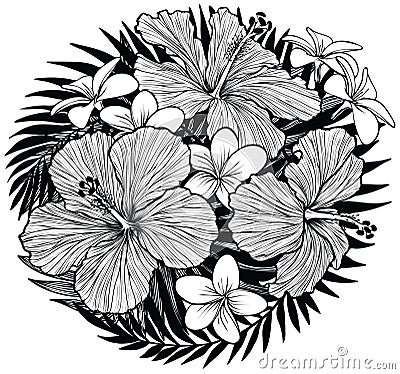 Hibiscus and plumeria flower round bouquet Vector Illustration