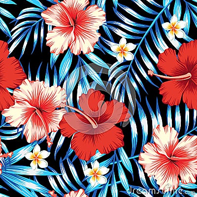 Hibiscus red and palm leaves blue seamless background Vector Illustration