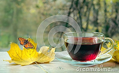 Hibiscus tea cup and yellow maple leaf on a wooden table. red butterfly on a yellow autumn leaf and vitamin tea for colds. copy sp Stock Photo