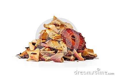 Hibiscus tea, Mixture herbal floral fruit tea with pieces of strawberry and red apple on white background Stock Photo