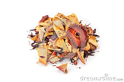 Hibiscus tea, Mixture herbal floral fruit tea with pieces of strawberry and red apple on white background Stock Photo