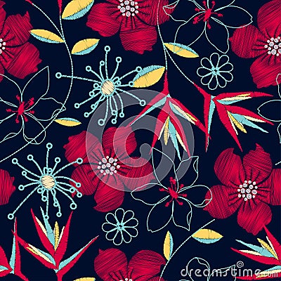 Hibiscus tropical woven embroidery seamless pattern Vector Illustration