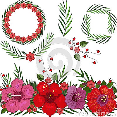 Hibiscus vector seamless brush. Round floral frame, floral elements. Exotic tropical plants, palm leaves, vector red hibiscus Vector Illustration