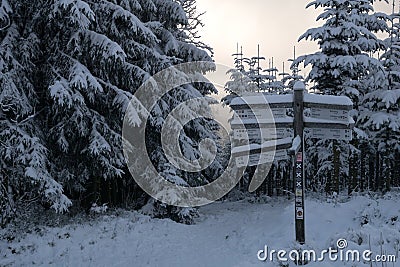 Hicking sign at the german hills called Rothaargebirge Stock Photo