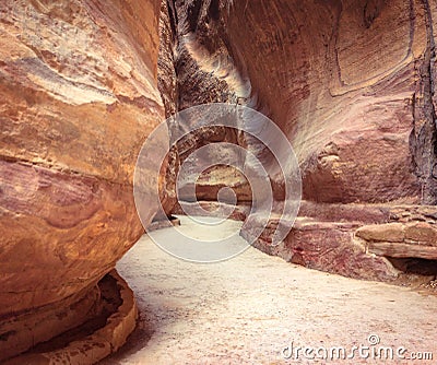 Hidden city of Petra canyon Stock Photo