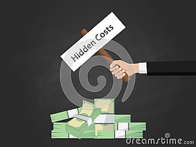 Hidden costs text illustration on a sign board on top of money heap with black background Vector Illustration