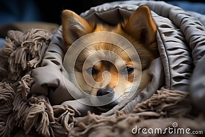 Hidden within the folds of a worn-out blanket, a stray dog's eyes betray a mix of curiosity and wariness. It Stock Photo