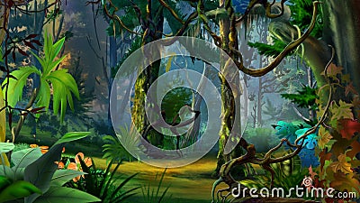 Hidden Forest Path in Summer Cartoon Illustration