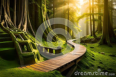 A hidden forest temple nestled among ancient trees, with moss-covered stones and a tranquil atmosphere perfect for meditation Stock Photo