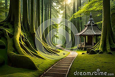 A hidden forest temple nestled among ancient trees, with moss-covered stones and a tranquil atmosphere perfect for meditation Stock Photo