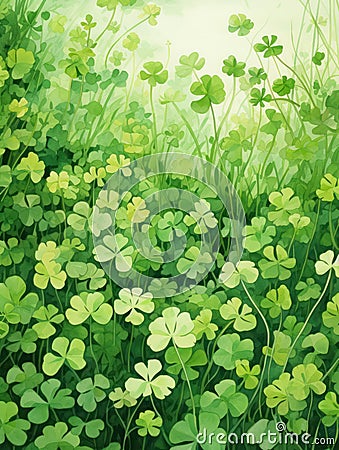 Hidden Fourleaf Clover in a Detailed Watercolor Clover Field AI Generated Cartoon Illustration