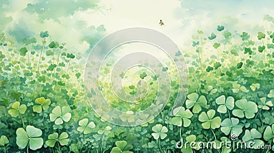 Hidden Fourleaf Clover in a Detailed Watercolor Clover Field AI Generated Cartoon Illustration