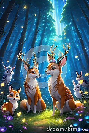 A hidden meadow with glittering fireflies, deer sporting flower crowns, foxes, rabbits celebrate new year in a magical, anime art Stock Photo