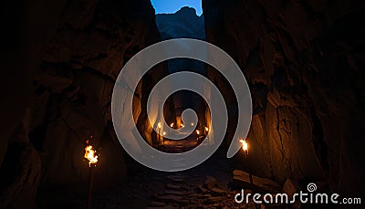 Hidden mountain pass between towering rock walls, illuminated by flickering torches placed along the rugged path, creating an Stock Photo