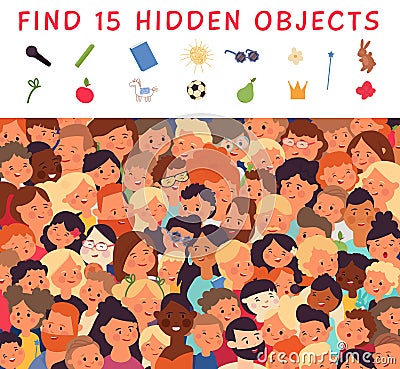Hidden objects. Search items, find elements on picture. Kids mindful play, logic puzzle. Crowd of people, different Vector Illustration