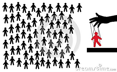 Hidden people management. Puppet in the hands of the manager. Vector Illustration