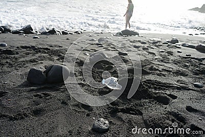 Hidden plastic bottle in the black sand and ignorant teenager tourist in the sea. Disaster in the beach with trash and unhygienic Stock Photo