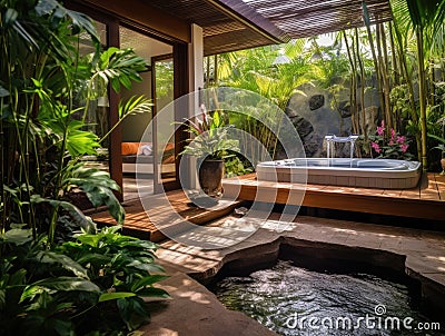 Hidden Retreat: The Modern Spa Garden Oasis with Bamboo Elegance Stock Photo