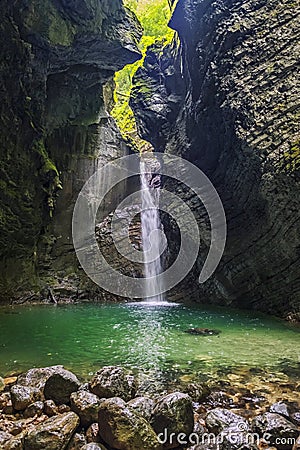 Hidden waterfall in the canyon Stock Photo