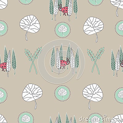 Hiding Beetle -Nature Spirit Seamless Repeat Pattern Vector Illustration