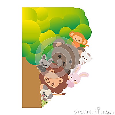 Cute cartoon animals hiding behind the tree. Playing hide and seek Vector Illustration