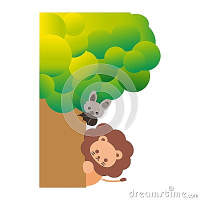 Cute cartoon bat and lion hiding behind the tree. Playing hide and seek Vector Illustration