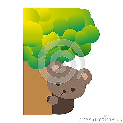 Cute cartoon teddy bear hiding behind the tree. Playing hide and seek Vector Illustration