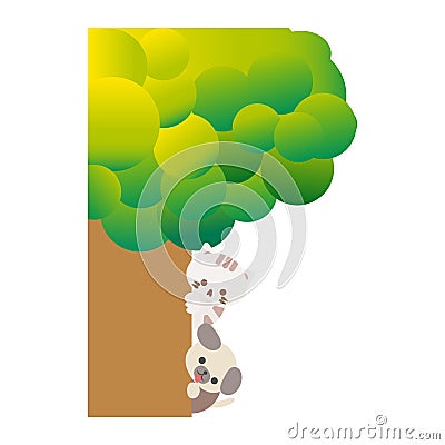 Cute cartoon cat and dog hiding behind the tree. Playing hide and seek Vector Illustration