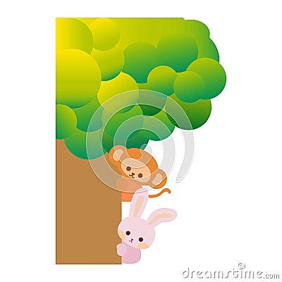 Cute cartoon Monkey and Rabbit hiding behind the tree. Playing hide and seek Vector Illustration