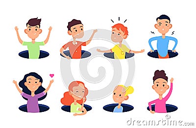 Hiding hole kids. Cute joking children boys and girls hide in floor holes flat vector illustration Vector Illustration