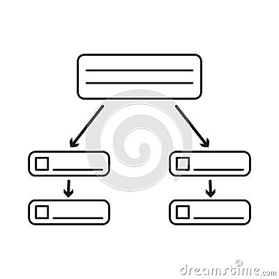 Hierarchy diagram icon. Flowchart structure vector. Process layout symbol. Black outline graphic. Vector Illustration