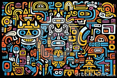 Hieroglyphic signs background in style of a native mesoamericans. Mayan, Aztec and Inca civilisation. Generative Ai Cartoon Illustration