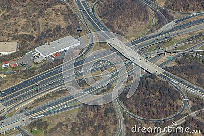 High above highways, interchanges the roads on interstate takes you on a fast transportation highway in Newark New Jersey US drone Stock Photo