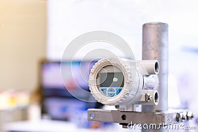 High accuracy and Modern flow transmitter set up on stand for measuring pressure viscosity density compressibility application for Stock Photo